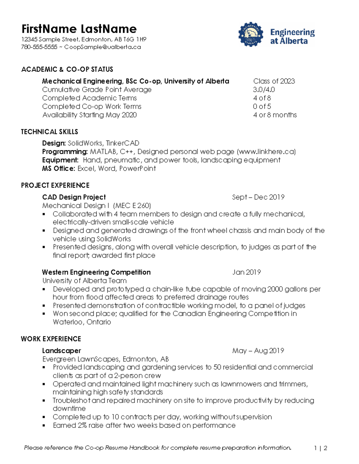 MEC E 260 Co-op Resume Template for Mechanical Engineering Students ...