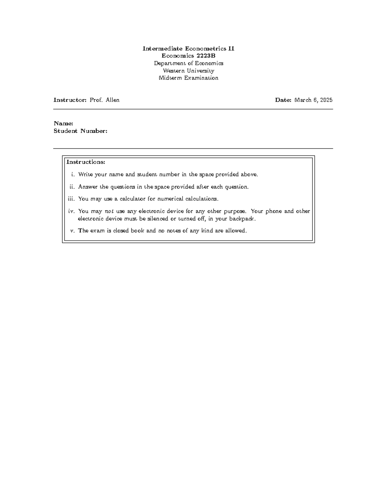 Intermediate Econometrics II (Econ 3020) Midterm Exam Study Guide - Studocu