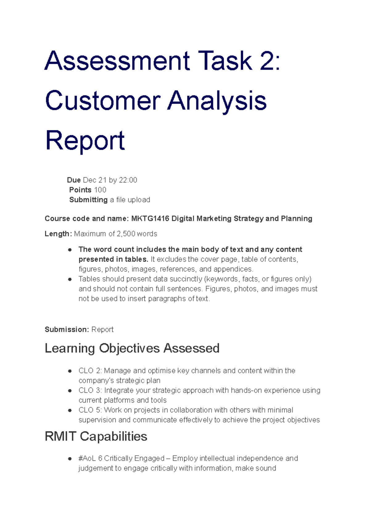 MKTG1416: Customer Analysis Report Guidelines & Rubrics - Studocu