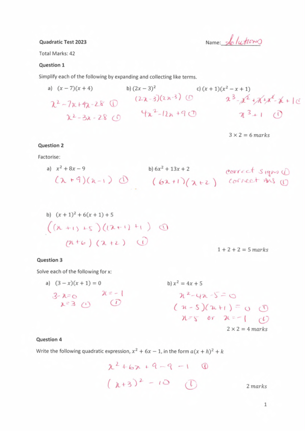 Quadratics Test Solutions 2023: Comprehensive Answer Guide - Studocu