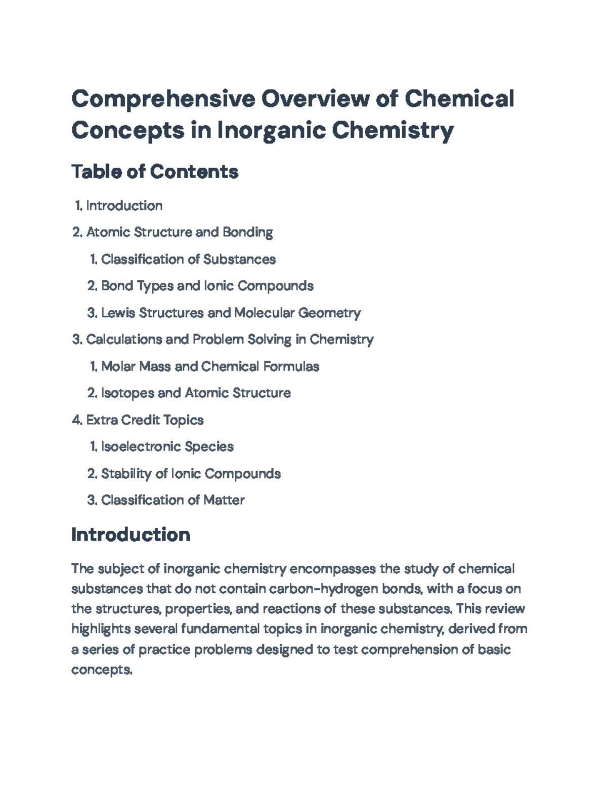 Inorganic Chemistry (CHEM 101): Concepts on Structure, Bonding ...