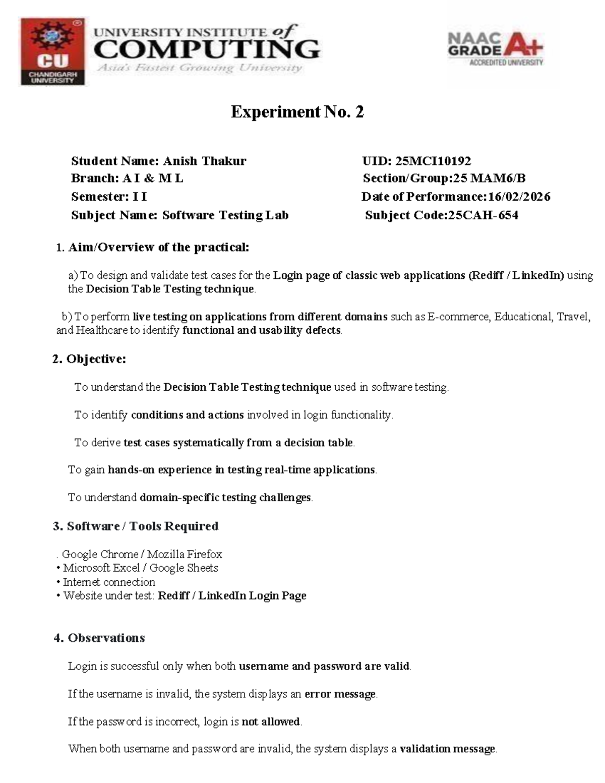 Software Testing Lab Experiment No. 2: Decision Table Testing ...