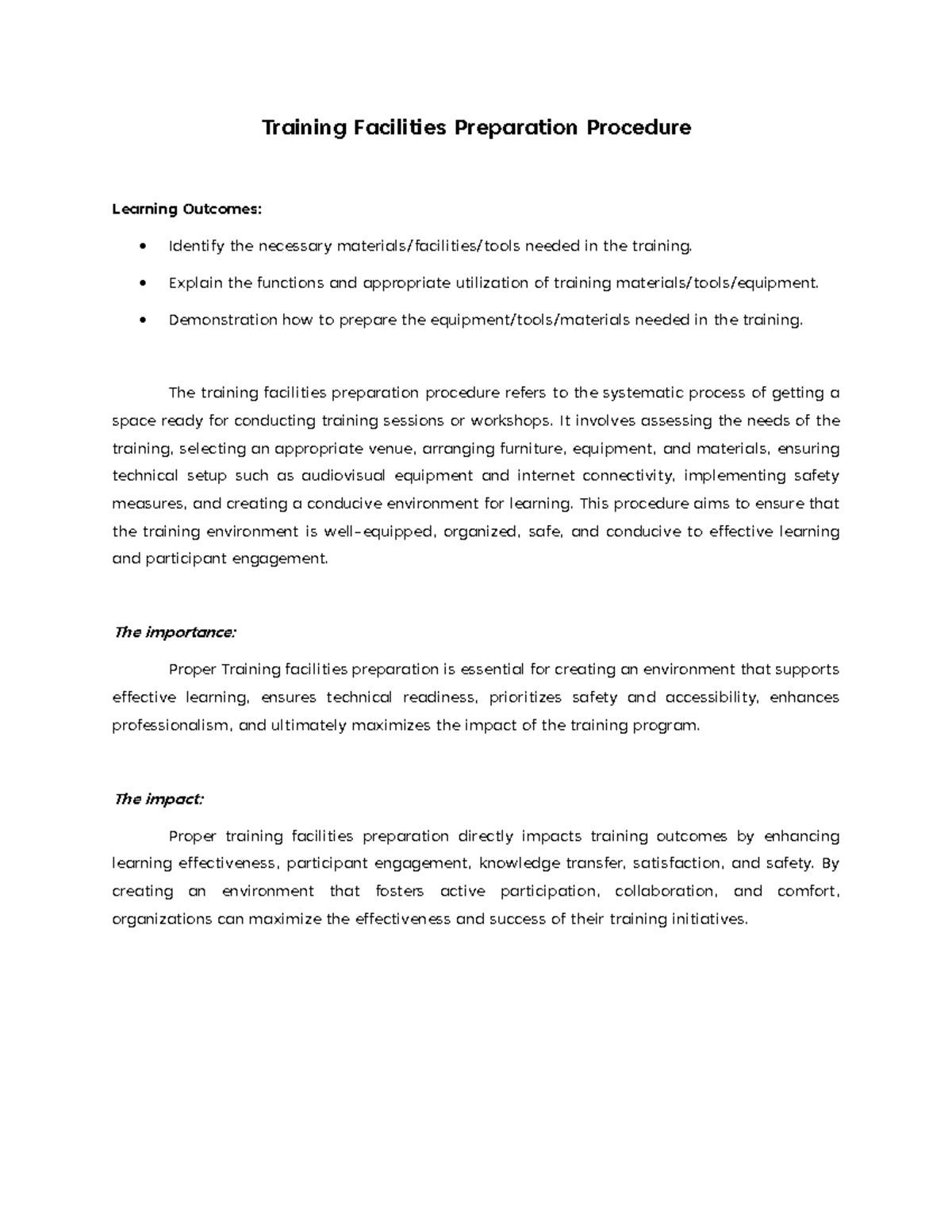 Training Facilities Preparation Procedure: Guidelines for Effectiveness ...