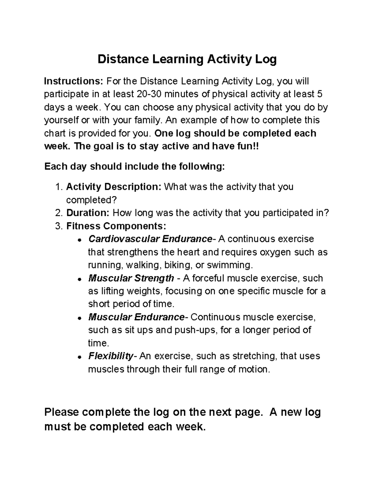 Weekly Fitness Activity Log - Distance Learning Fall 2020-2 - Studocu