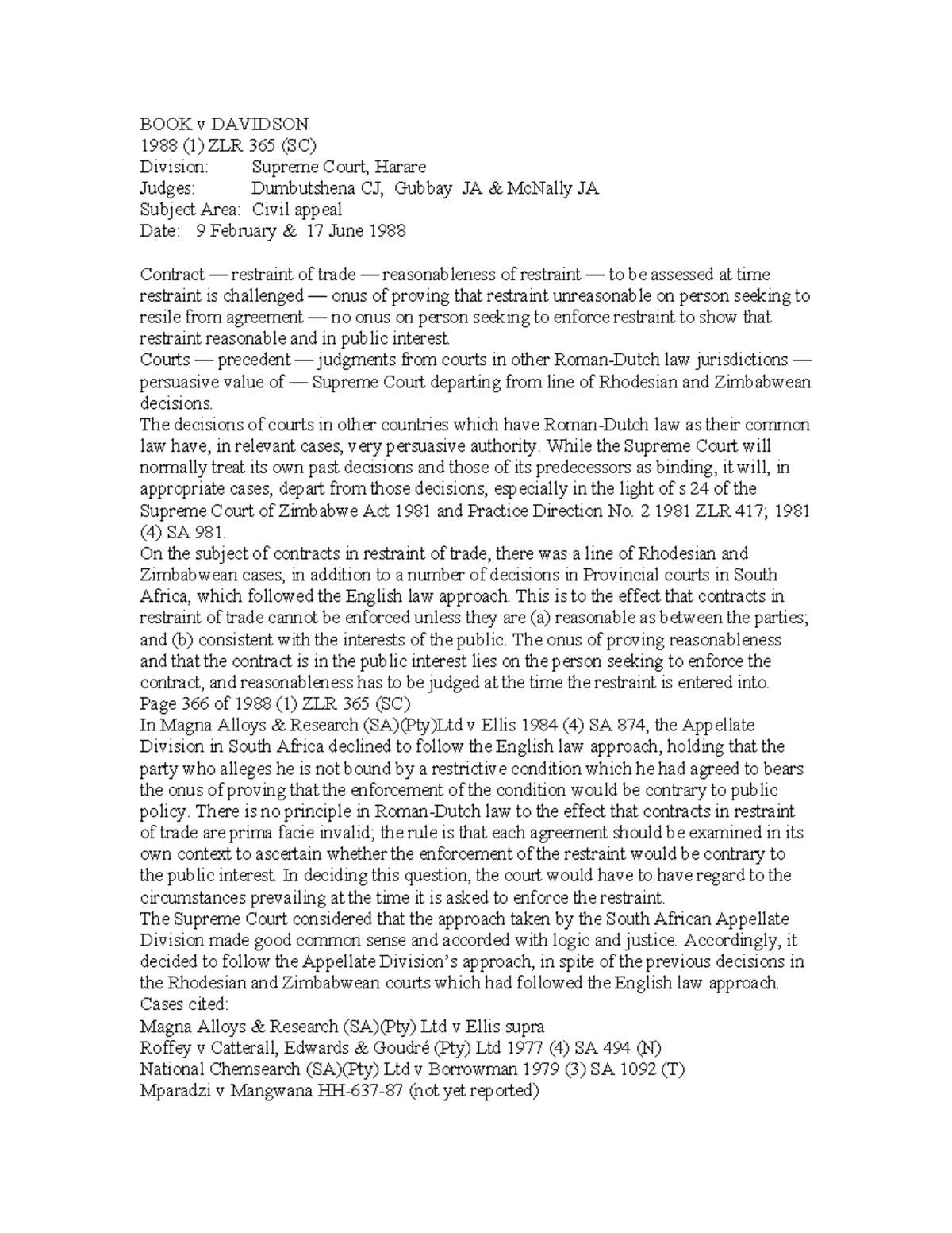 BOOK v Davidson - Case Analysis on Restraint of Trade and Precedents ...