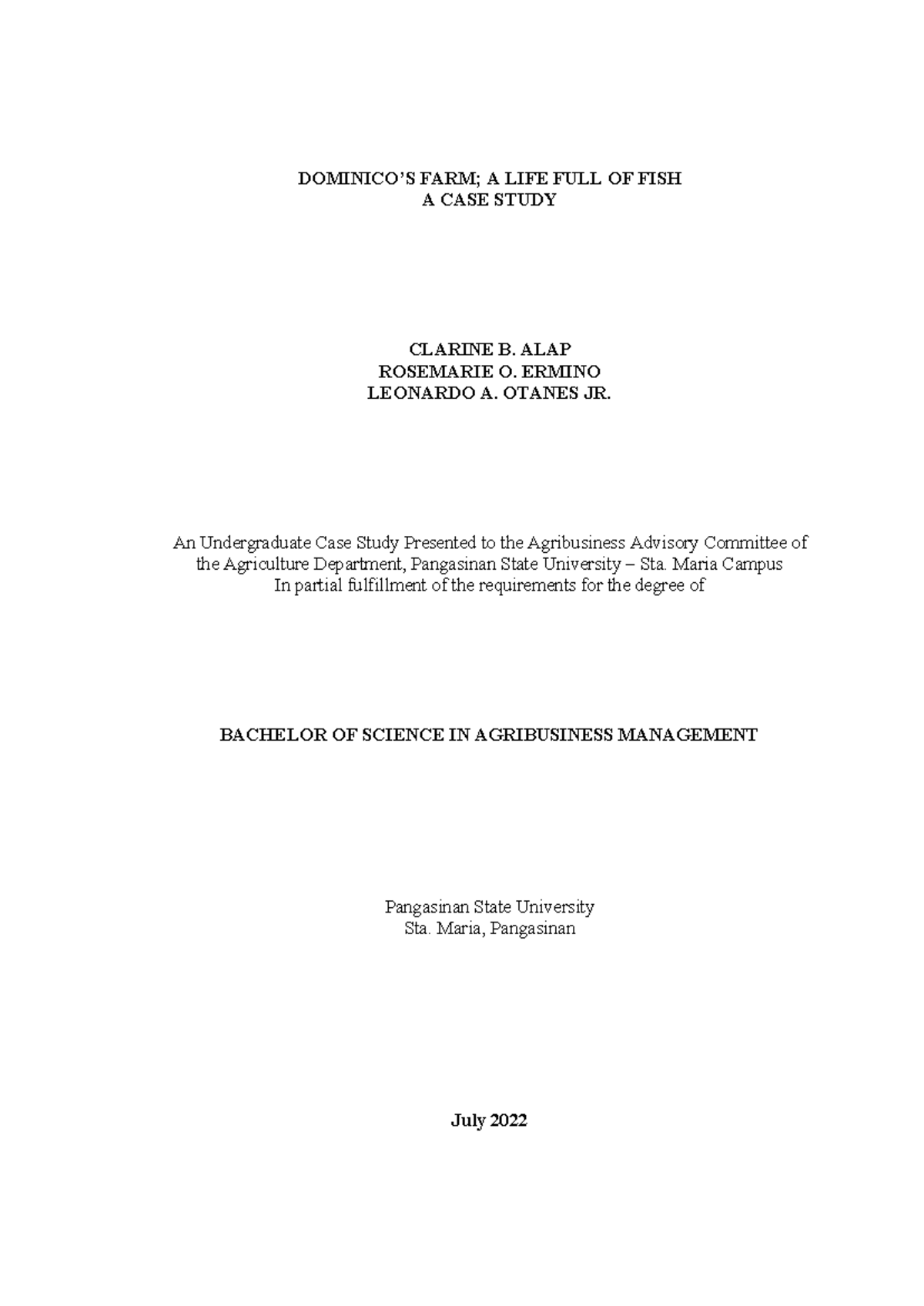 A LIFE FULL OF FISH: A CASE STUDY IN AGRIBUSINESS MANAGEMENT (BSAM ...