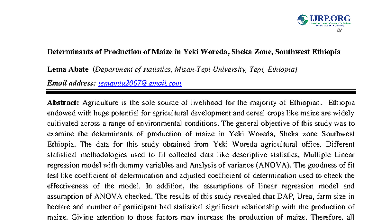 Determinants of Maize Production in Yeki Woreda, Sheka Zone, Ethiopia ...