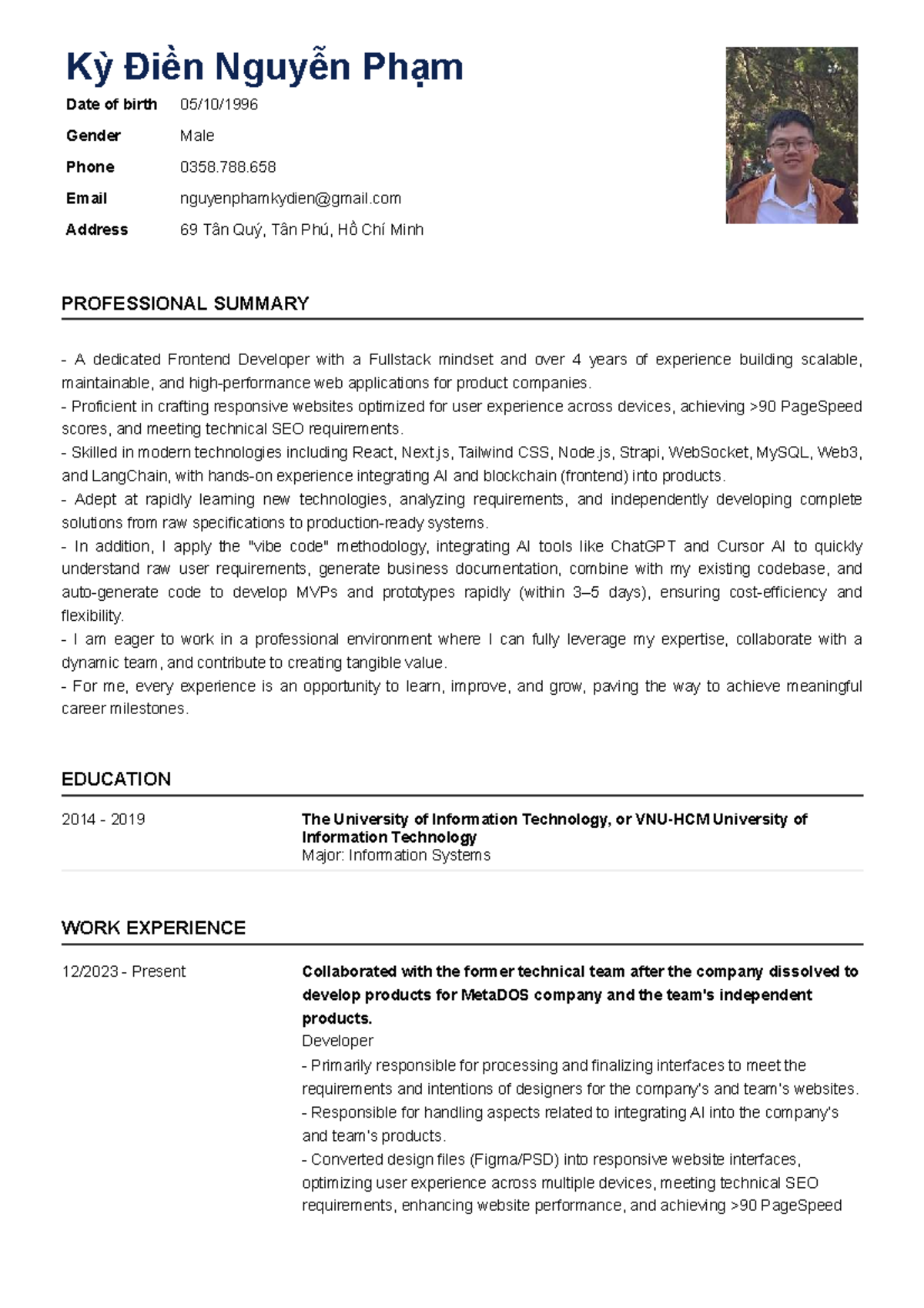 Kỳ Điền Nguyễn Phạm - Frontend Developer Profile & Experience - Studocu