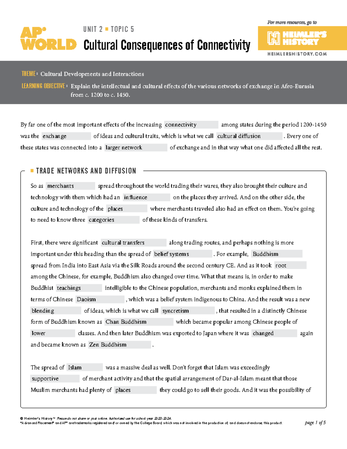 AP World Unit 2 Topic 5 Noteguide: Cultural Impact of Connectivity ...