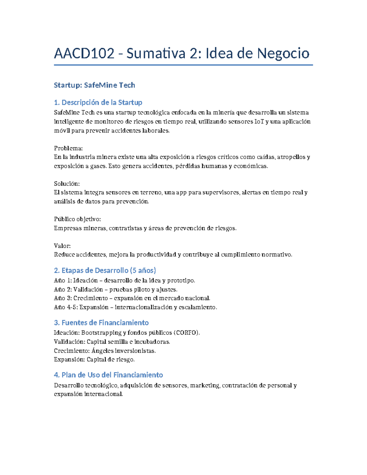 AACD102 Sumativa 2: Startup SafeMine Tech - Plan de Negocio - Studocu