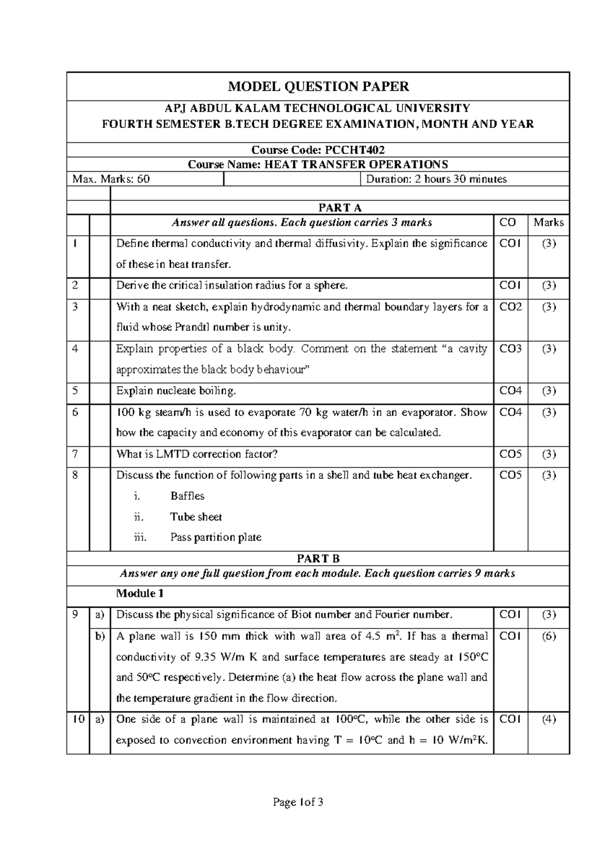 Model Question Paper: Heat Transfer Operations (PCCHT402) - B.Tech 4th ...