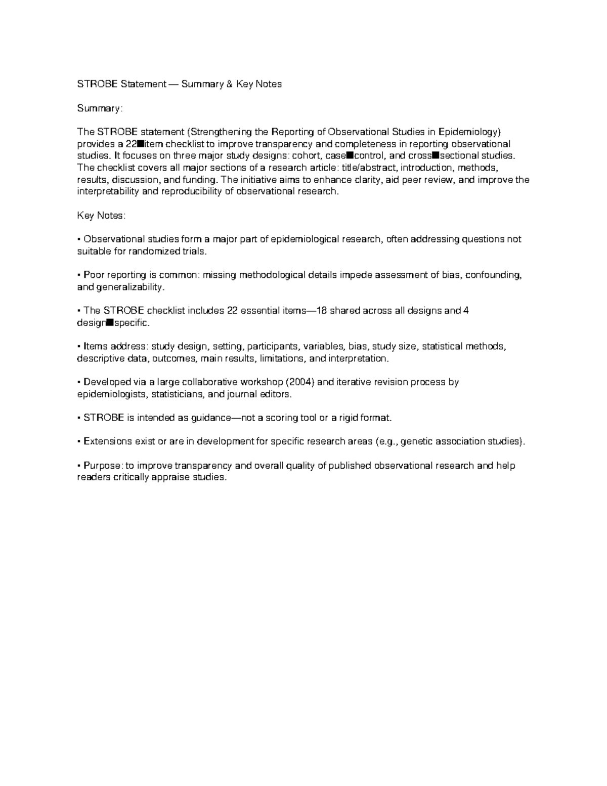 STROBE Statement Summary: Key Notes on Observational Studies - Studocu