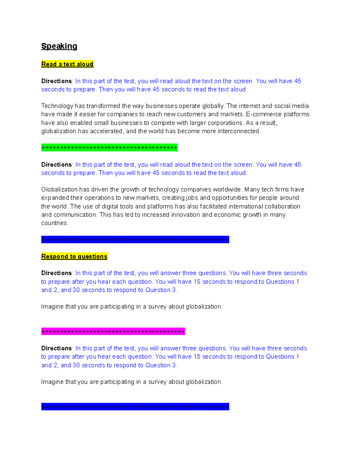 Practice English Speaking & Reading Test Instructions - Studocu