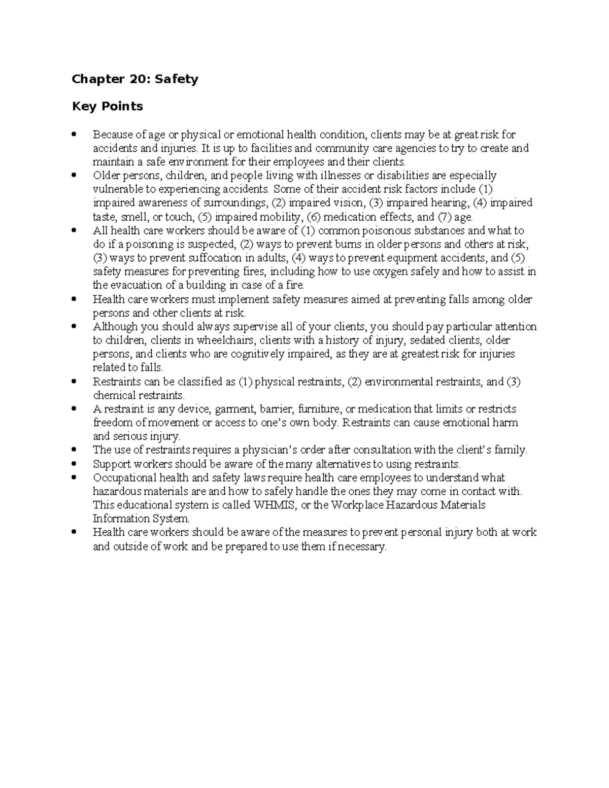 Chapter 20: Safety Key Points for PSW Notes 2 - Studocu