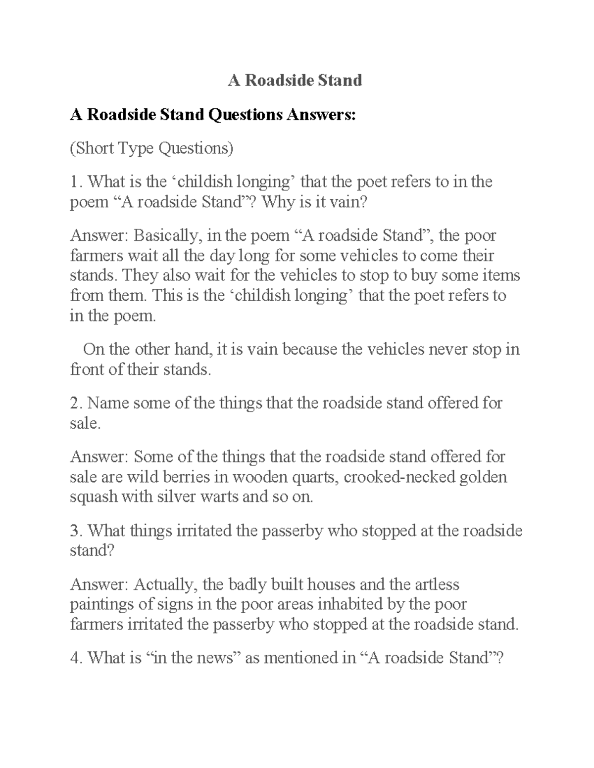A Roadside Stand: Contextual Analysis & Short Answer Questions - Studocu