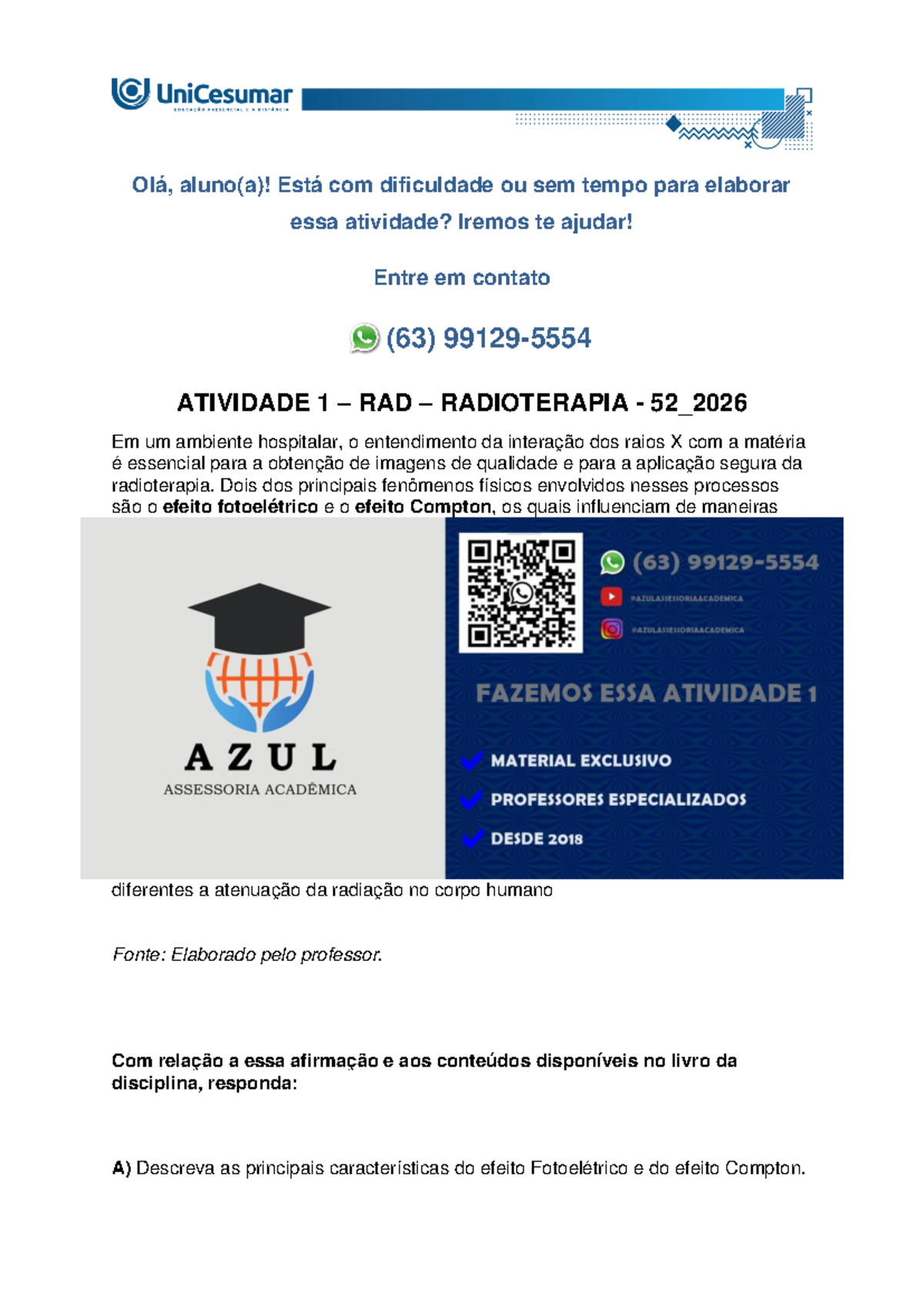 Atividade 1: Efeitos Fotoelétrico e Compton na Radioterapia (RAD 52 ...