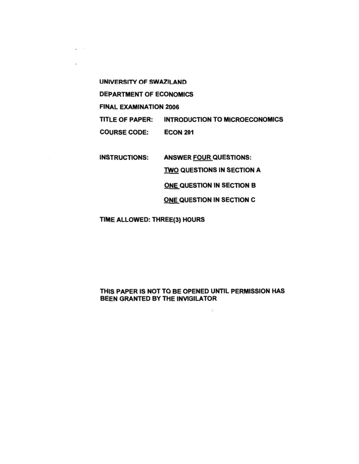 Econ 201 Final Exam 2006: Introduction to Microeconomics Past Paper ...