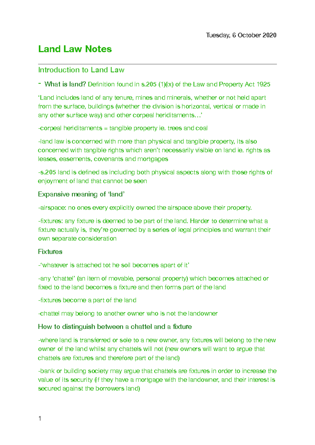 Land Law Notes (Course Code: LAW101) - Key Concepts and Cases - Studocu