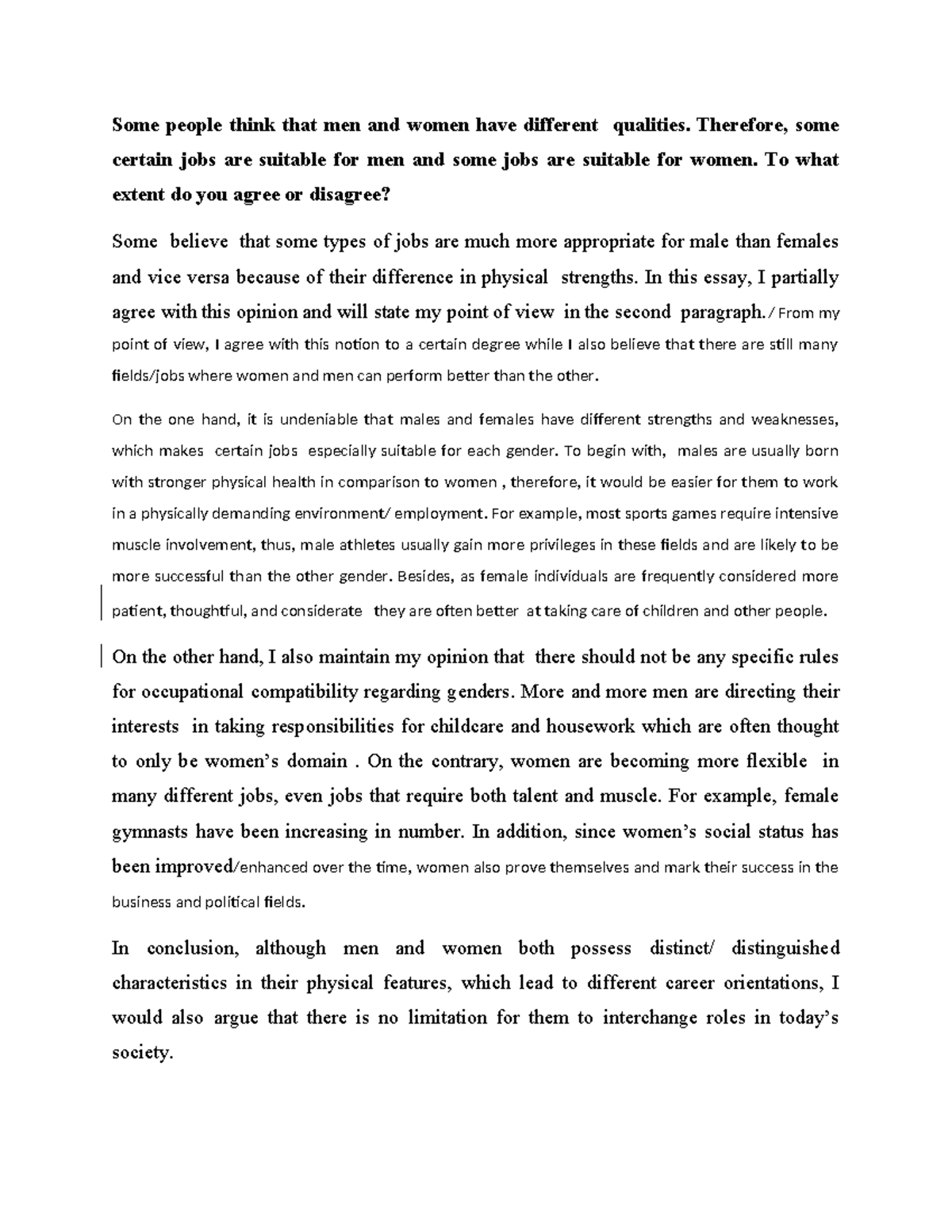 Essay Notes: Gender Roles in Employment - Agree or Disagree? - Studocu