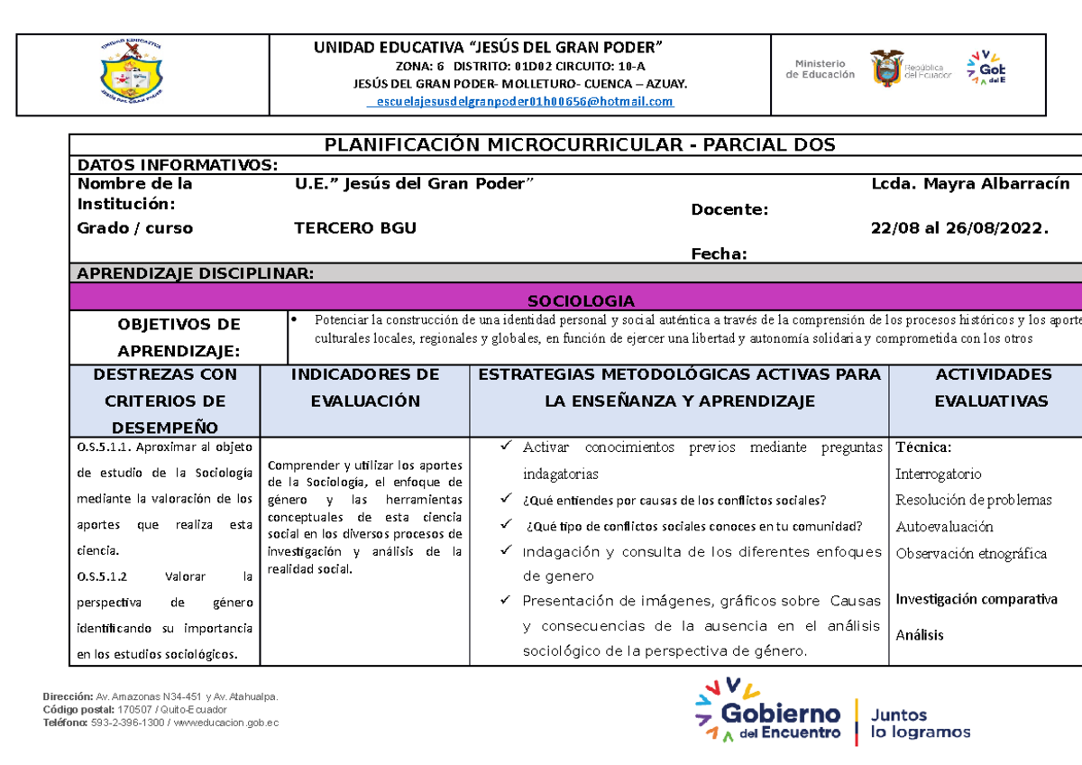 1. PLAN. Mayra Sociologia 3 BGU - ZONA: 6 DISTRITO: 01D02 CIRCUITO: 10 ...