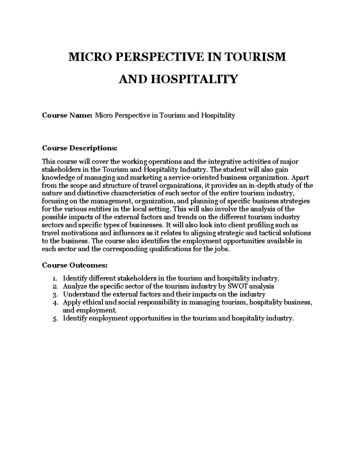 Micro Perspective in Tourism & Hospitality: Course Outline and Details ...
