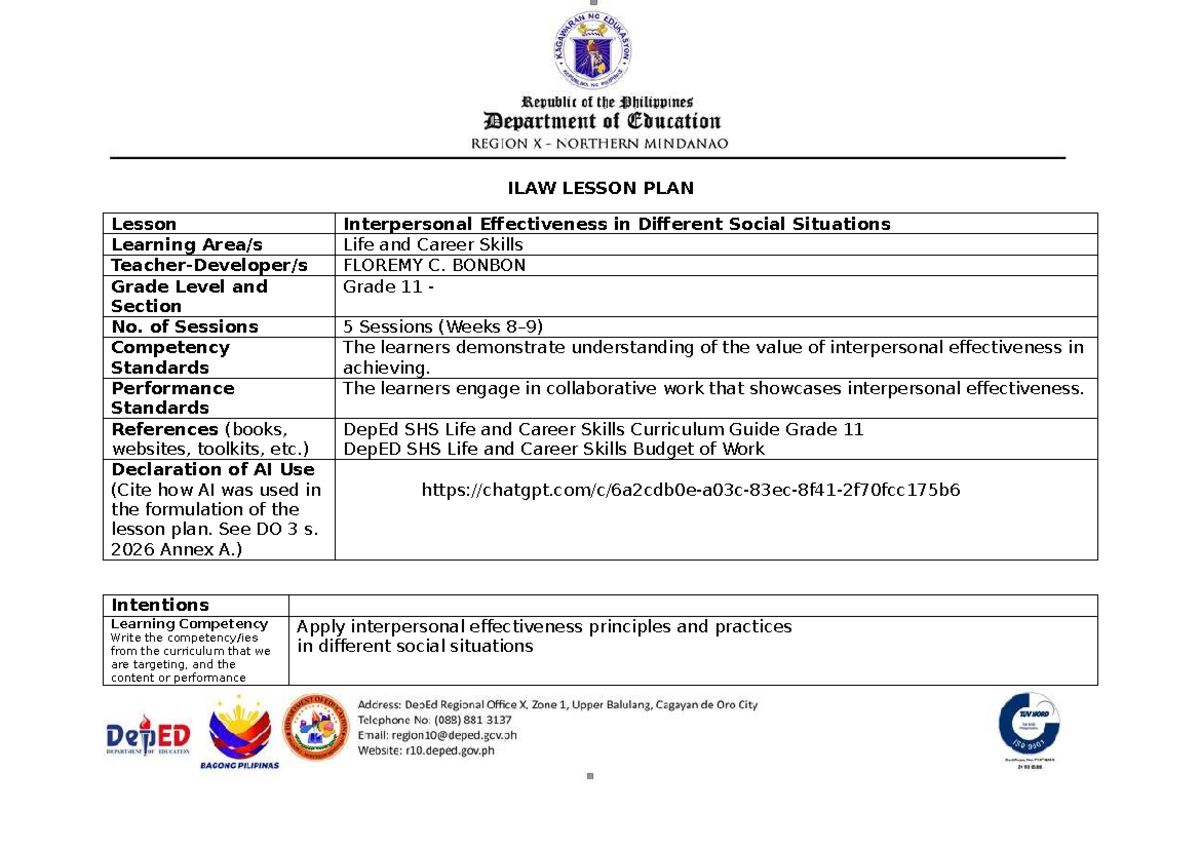ILAW LESSON PLAN: Interpersonal Effectiveness in Life & Career Skills ...