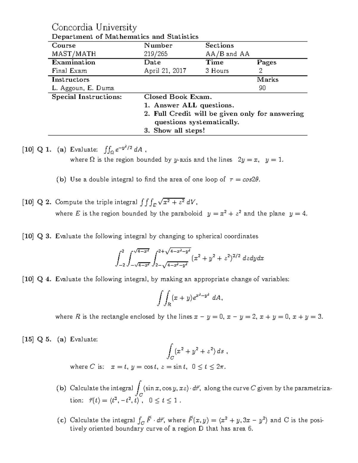 Final exam M219: Mathematics and statistics questions and solutions ...