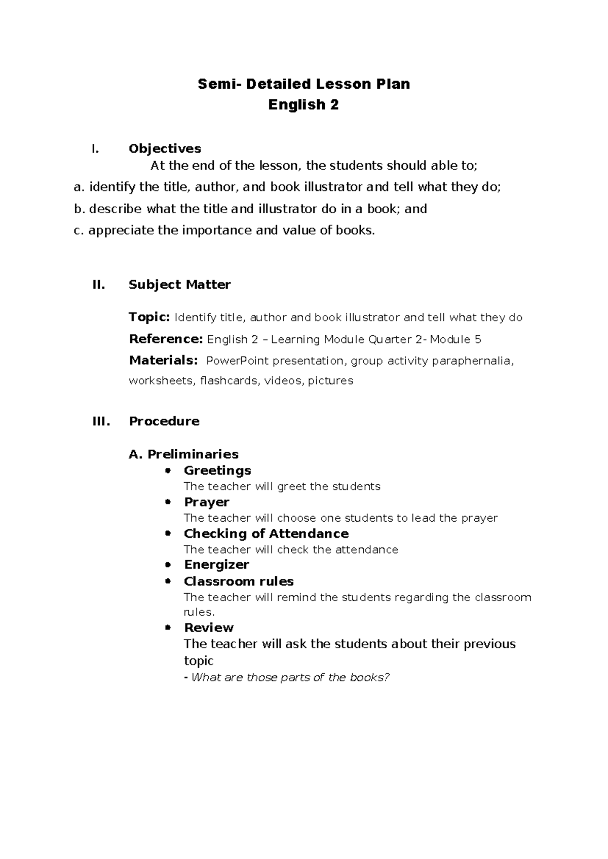 Semi-Detailed Lesson Plan: English 2 - Identifying Book Elements - Studocu