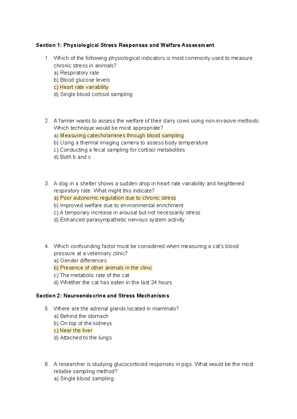 ANSC 2210 Midterm Practice: Physiological Stress and Welfare Assessment ...