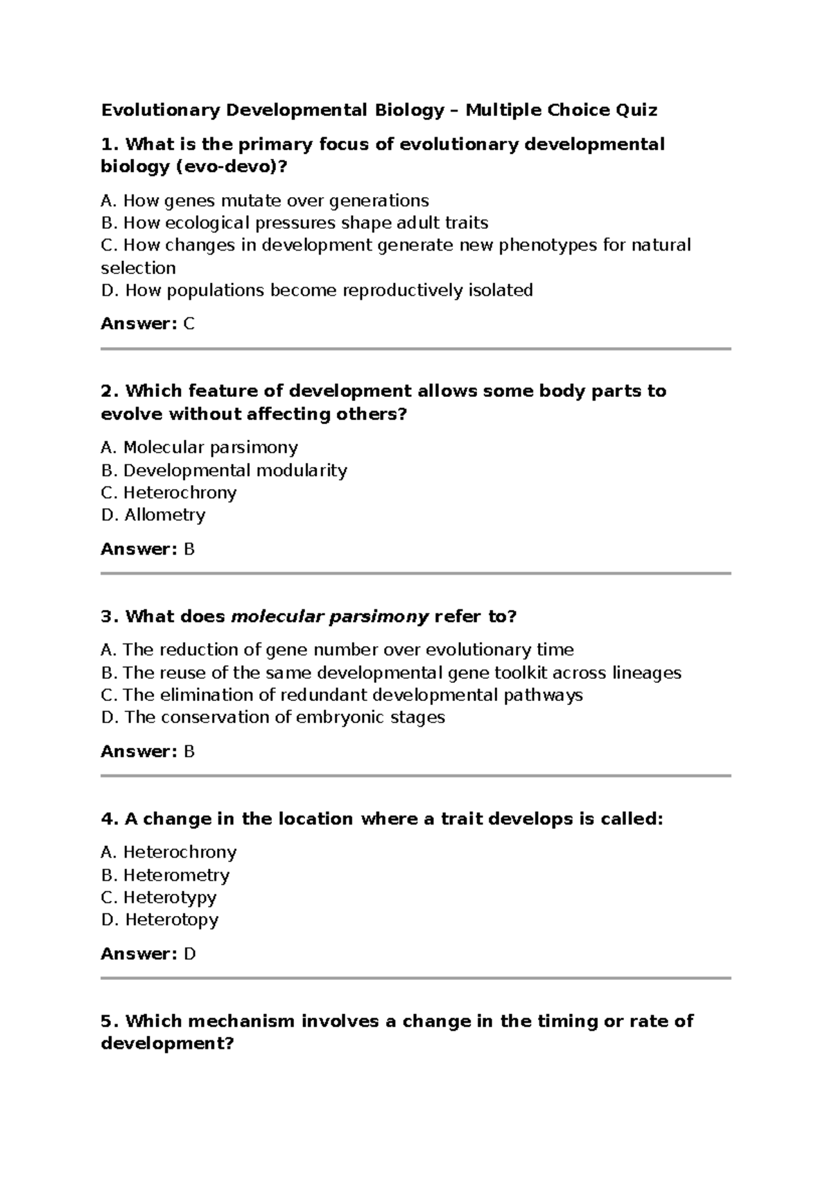 Evolutionary Developmental Biology (Evo-Devo) Quiz 1 - Studocu