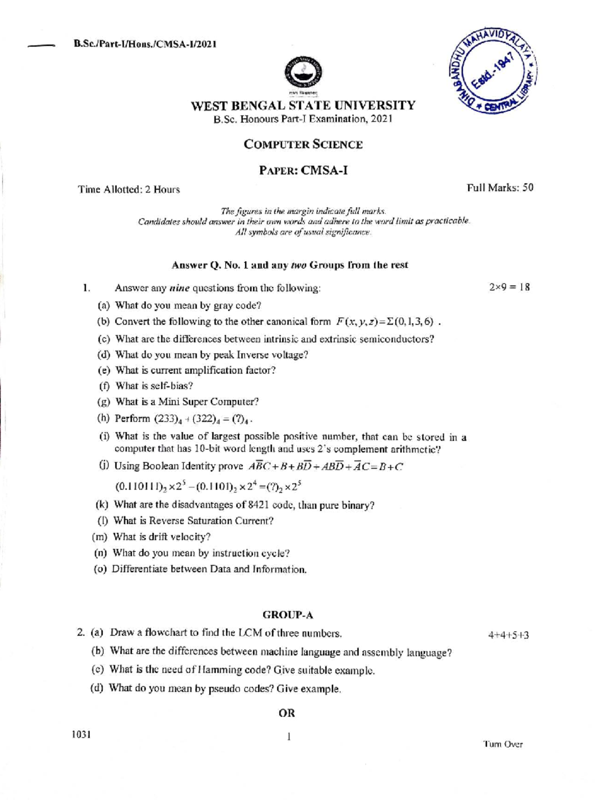 B.Sc. Hons. CMSA-I 2021 Computer Science Exam Paper Overview - Studocu