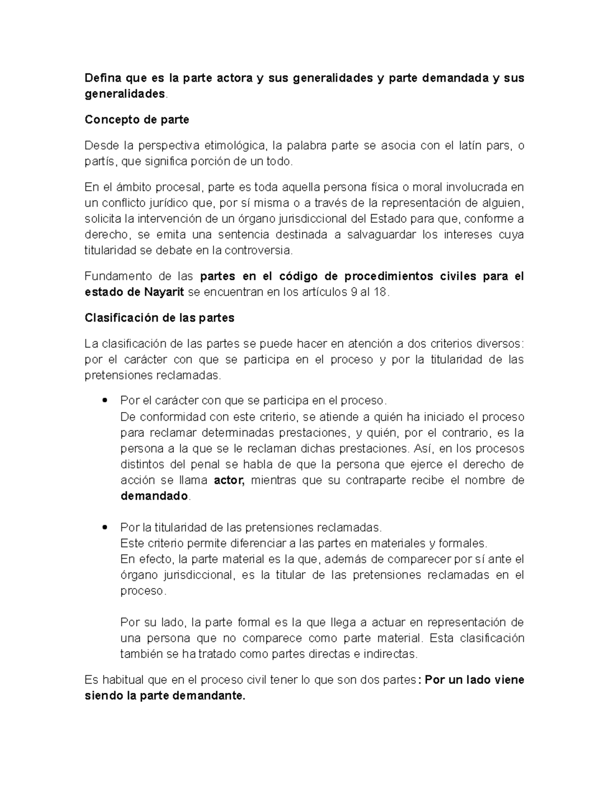 Derecho Civil: Parte Actora y Parte Demandada en Nayarit - Studocu