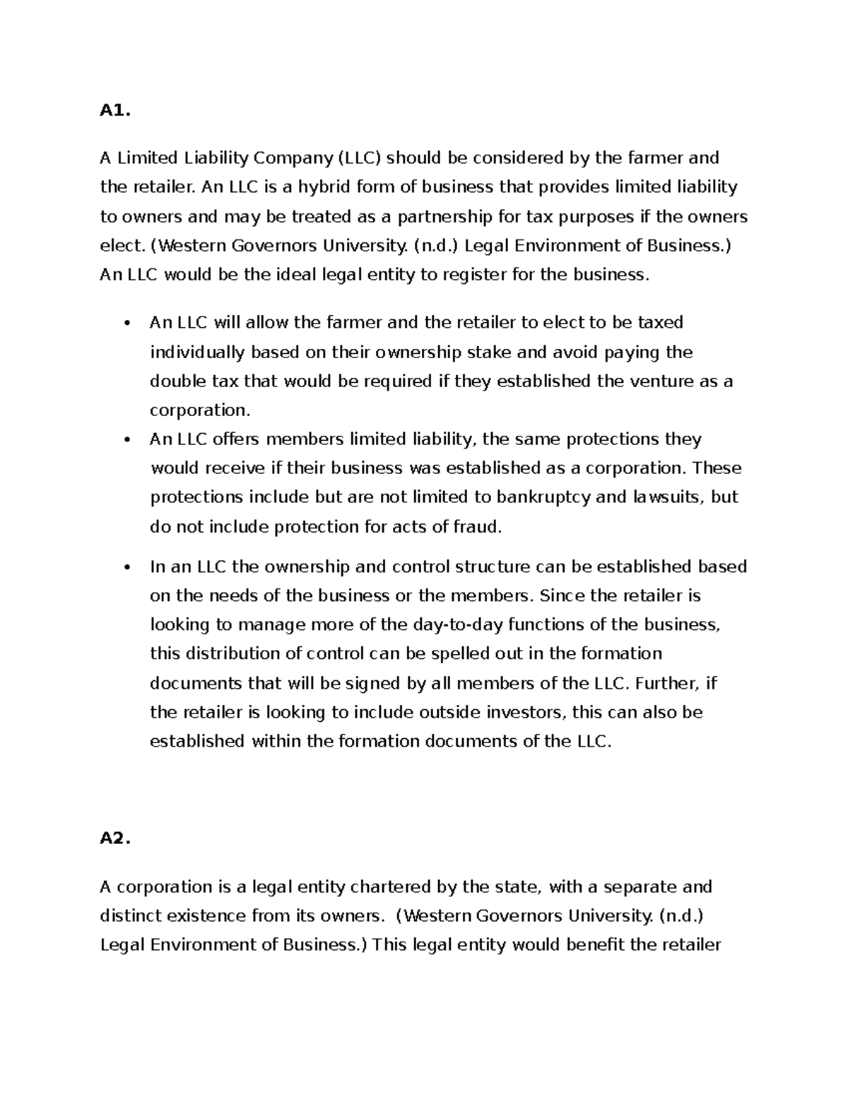D078 - Task 2 - Passed first attempt - A1. A Limited Liability Company ...