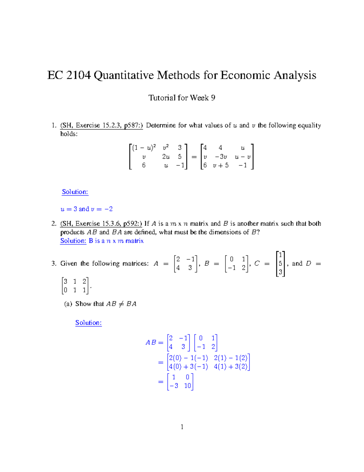 Tutorial Week9 - Practice with answers - EC 2104 Quantitative Methods ...