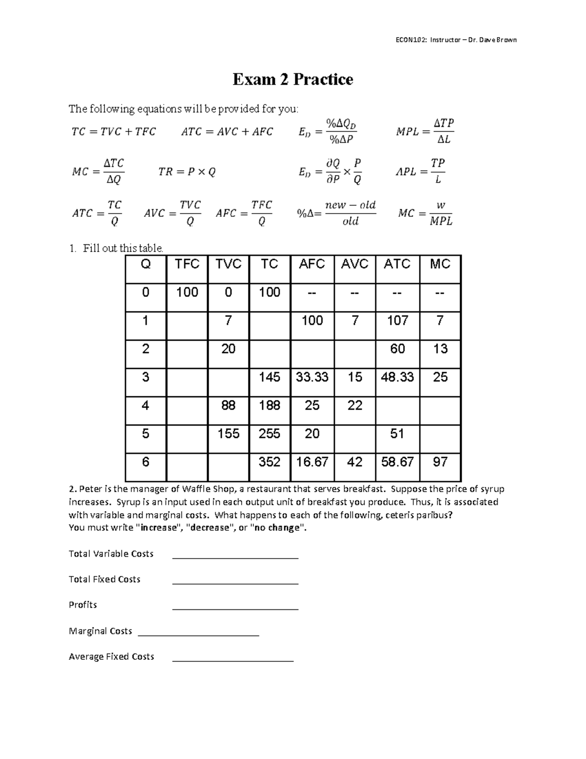 ECON102: Dr. Dave Brown Exam 2 Practice Questions and Solutions - Studocu