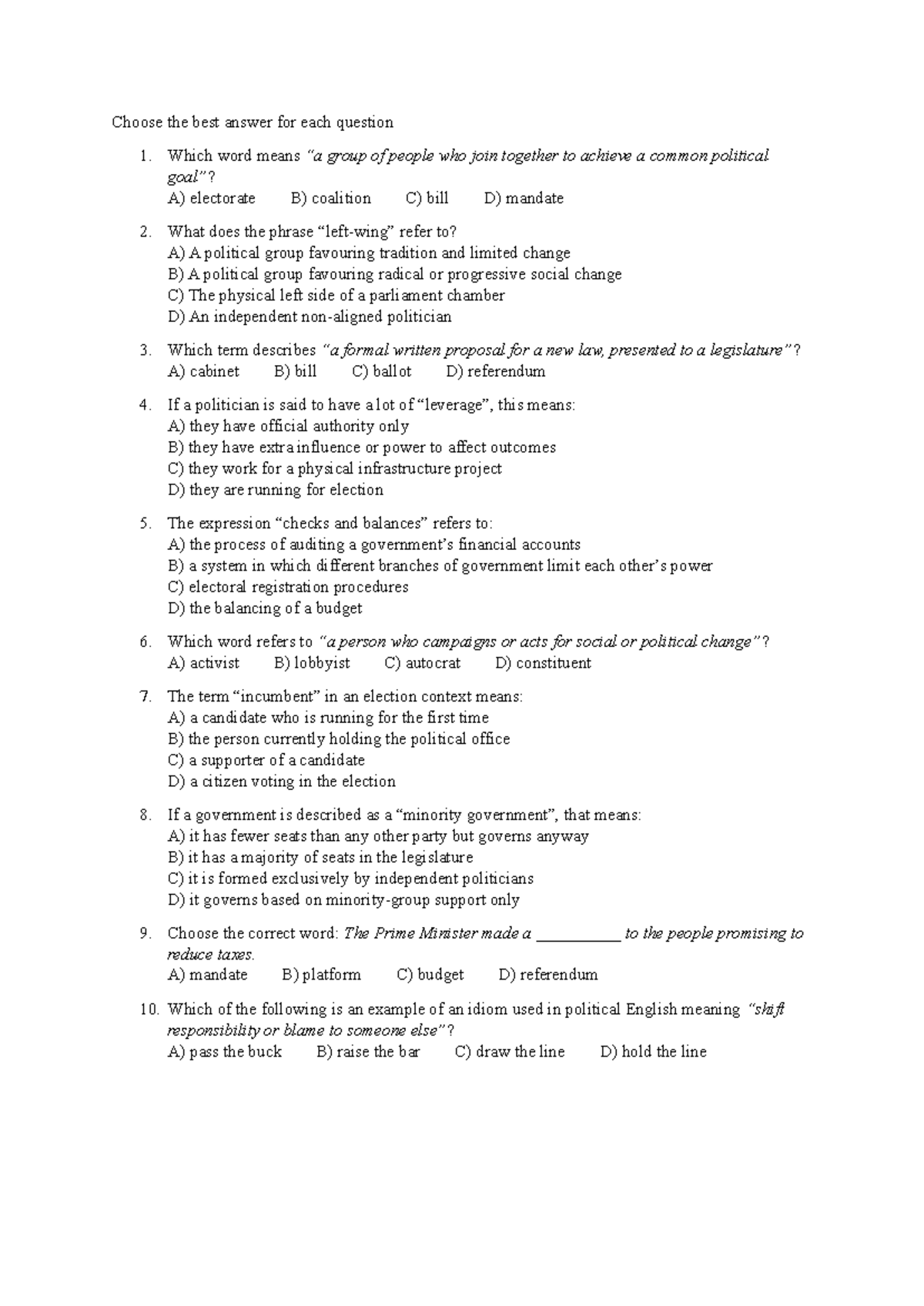 Quiz: English for Politics (POL101) - Choose the Best Answer - Studocu