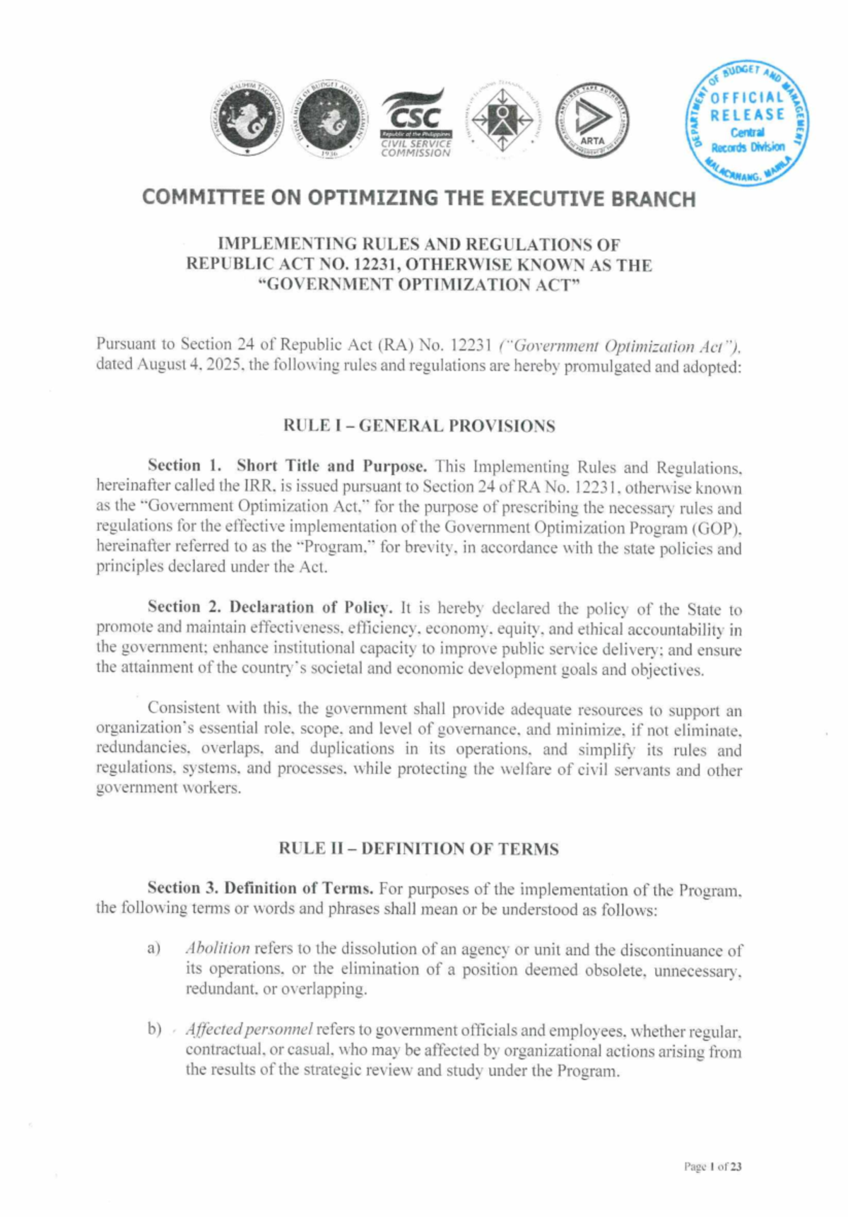 Implementing Rules & Regulations of RA No. 12231: Optimization Program ...