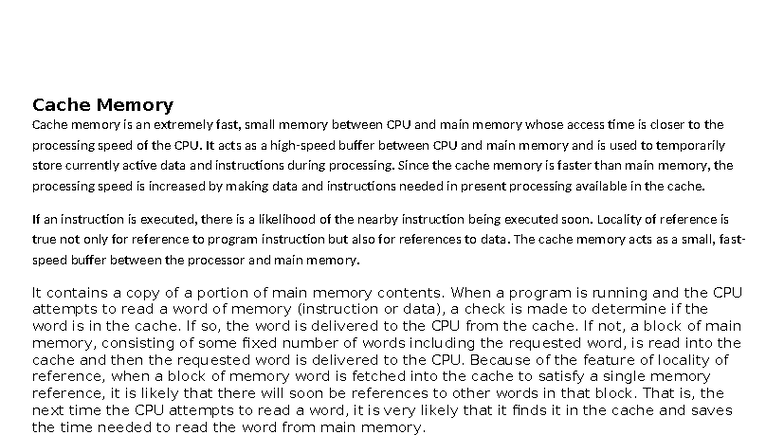 BCA-4 Cache Memory Overview and Organization Notes - Studocu