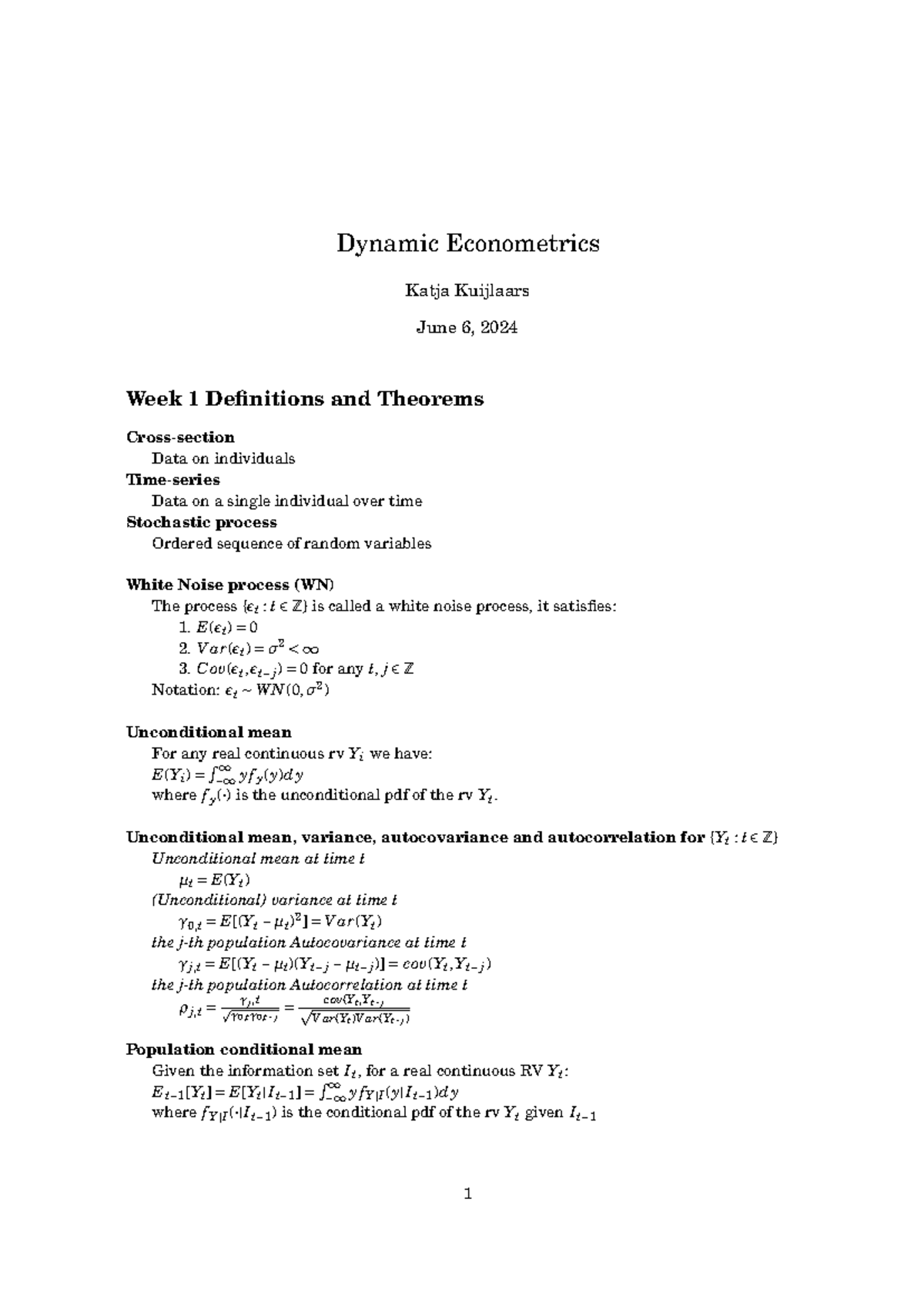 Dynamic Econometrics Econs 403: Definitions & Theorems Overview ...