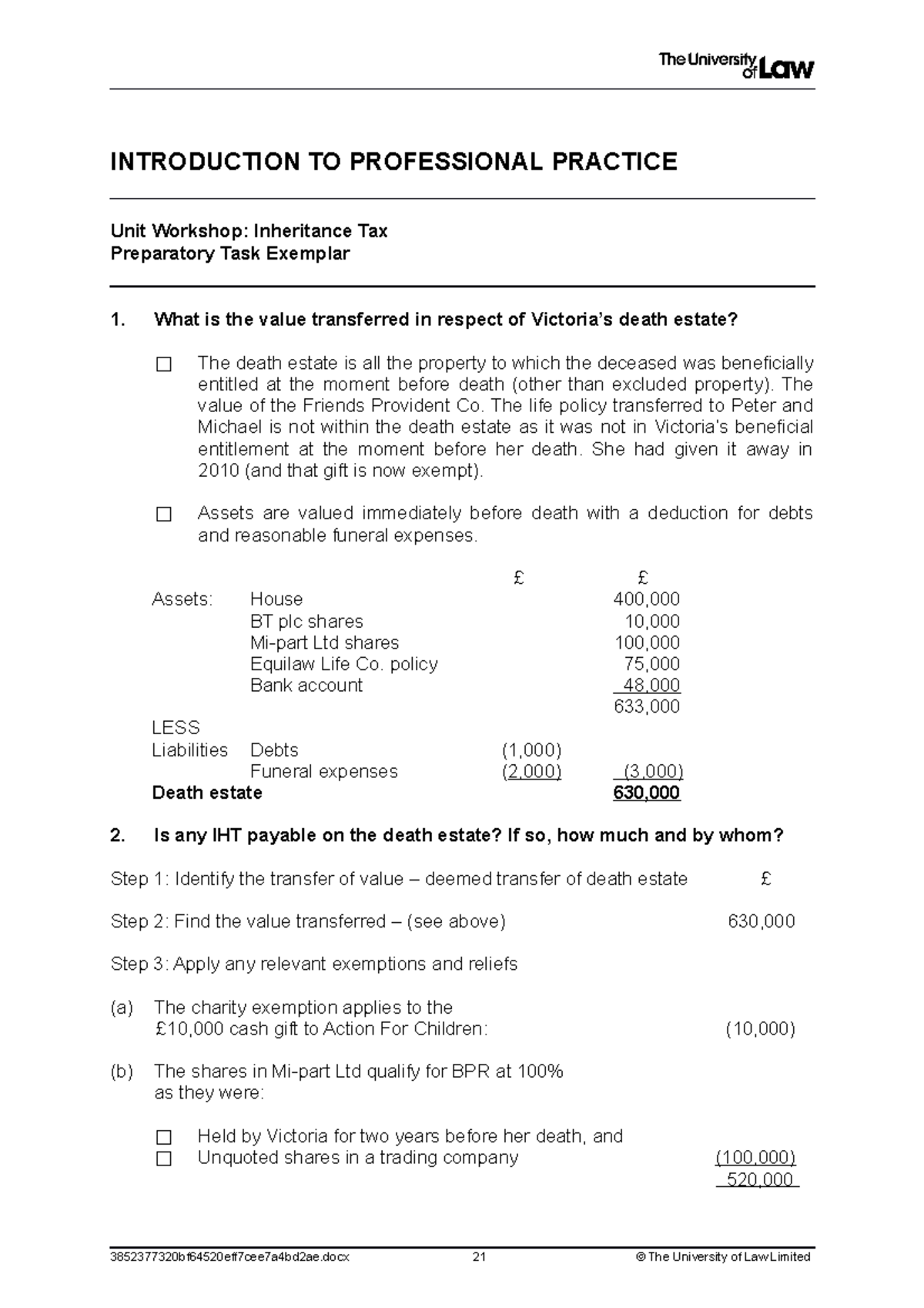 Inheritance Tax (IHT) Task Exemplar: Professional Practice Workshop ...