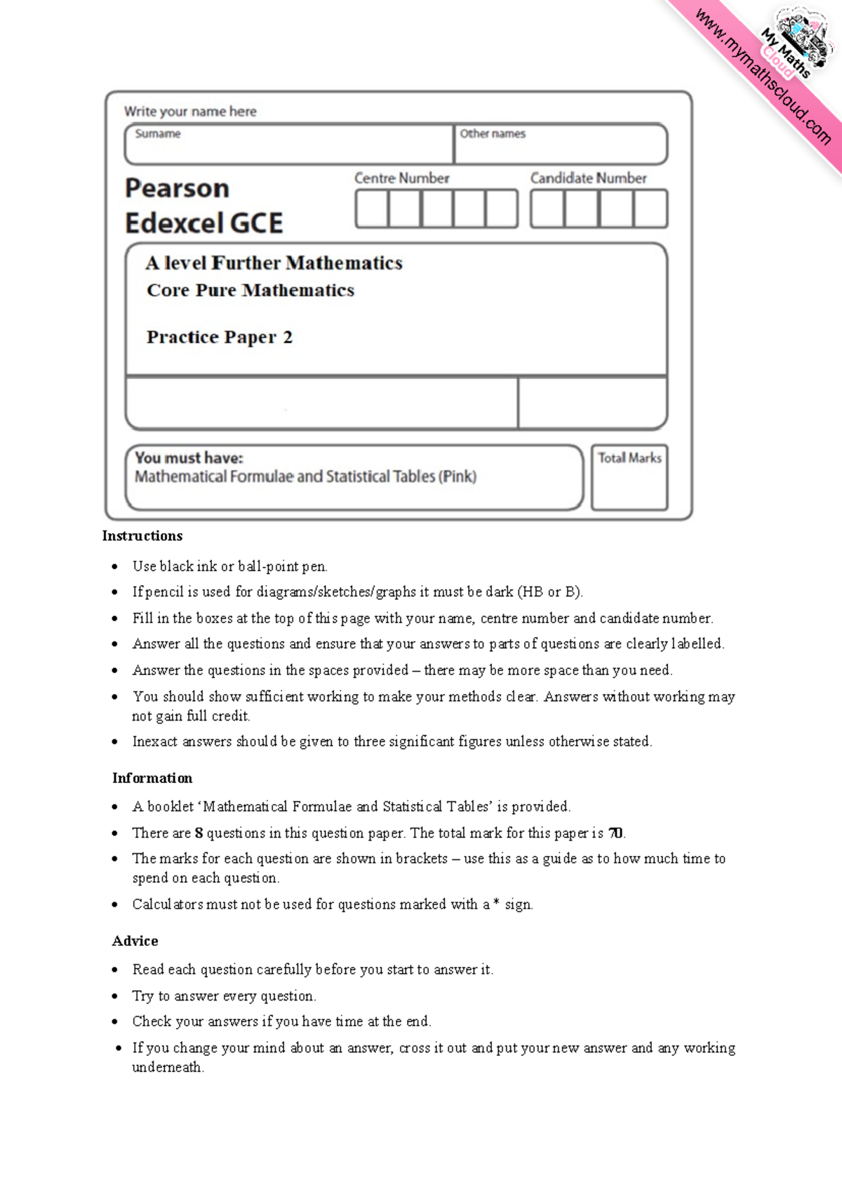 Core Pure Practice Paper 2 (C3) - Instructions and Mark Schemes - Studocu