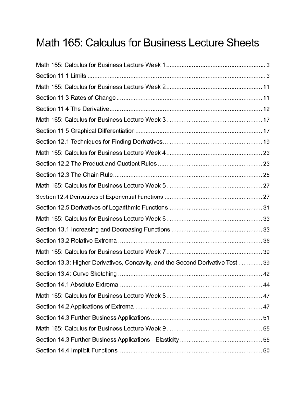 Math 165: Calculus for Business Lecture Notes (Weeks 1-14) - Studocu