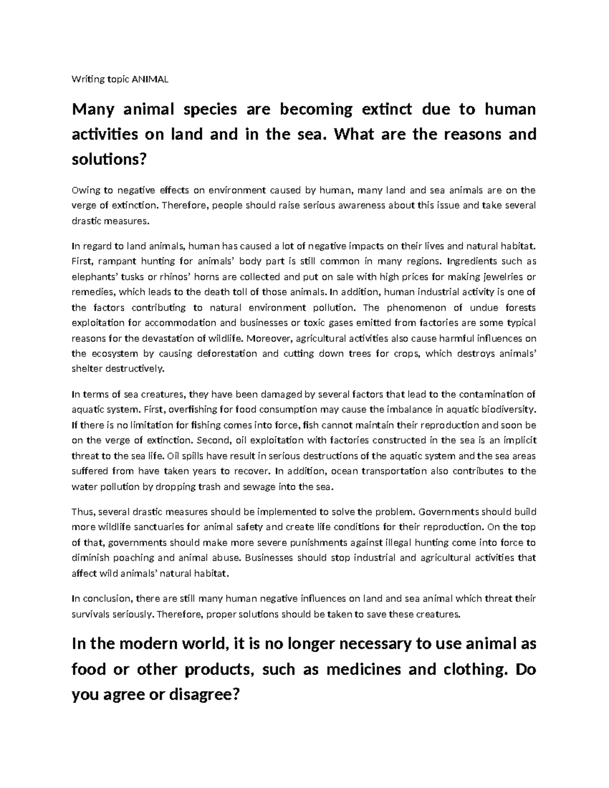 Writing Task 2: The Extinction of Animal Species and Solutions - Studocu