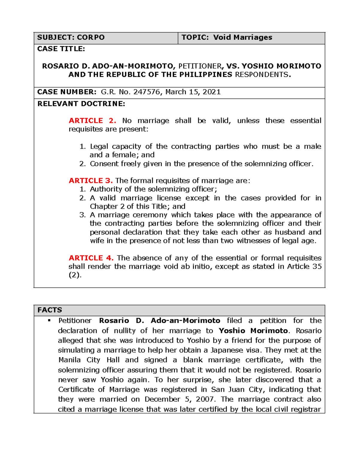 ADO-AN- Case Study: Nullity of Marriage - Rosario D. vs. Yoshio ...
