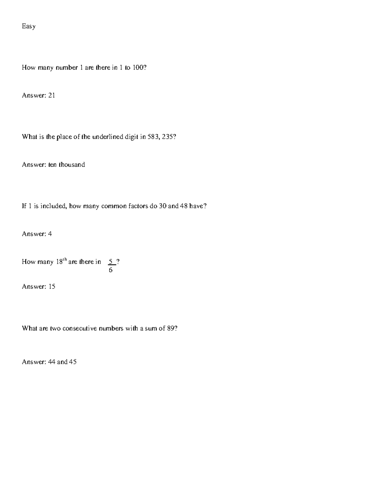 MATH PRACTICE EXAM - Easy How many number 1 are there in 1 to 100 ...