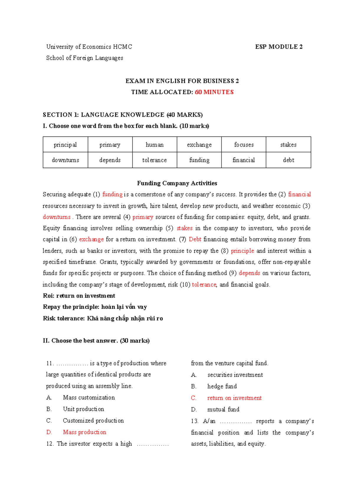 Sample Exam - ESP Module 2: English for Business 2 - Studocu