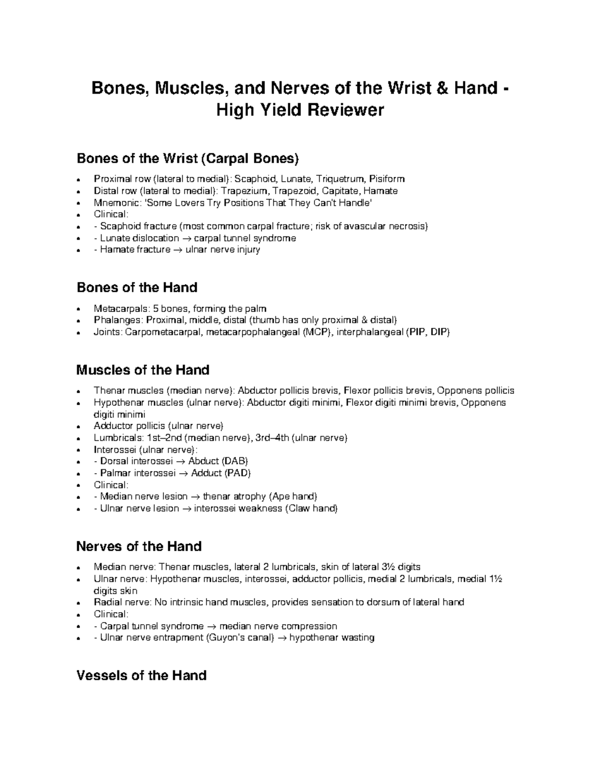 Hand & Wrist Anatomy High Yield Review: Bones, Muscles, Nerves - Studocu