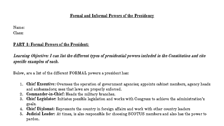 Formal and Informal Powers of the Presidency (POL 101) - Studocu