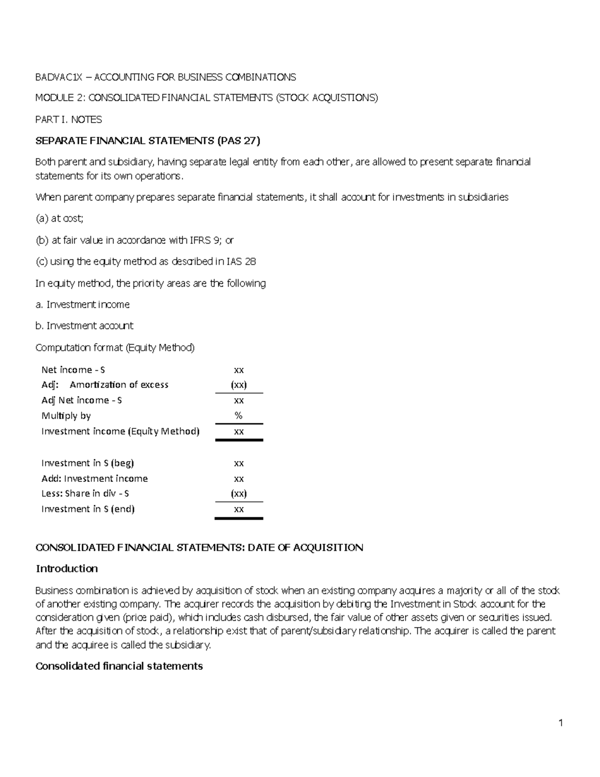 BADVAC1X ACCOUNTING FOR BUSINESS COMBINATIONS MOD 2: CONSOLIDATED FS ...