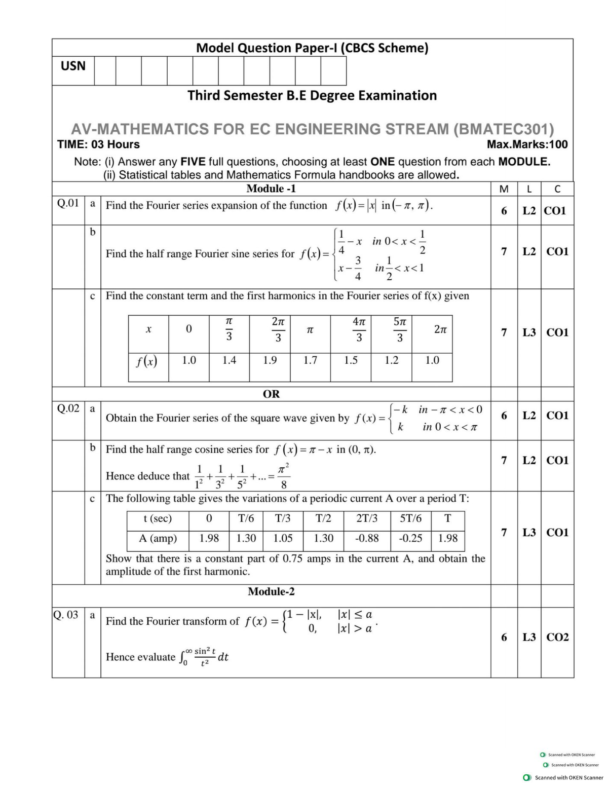 Model Question Paper for EC Engineering (BMATEC301) - 3rd Sem - Studocu
